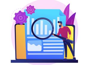 Company annual report analyzing. Business analysis, diagram analytics, statistics. Employee holding magnifying glass male cartoon character. Vector isolated concept metaphor illustration