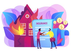 Burn house, flaming building. Insurance agent and customer flat characters. Fire insurance, fire economic losses, protect your property concept. Bright vibrant violet vector isolated illustration