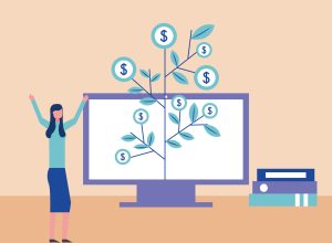 business office woman hands up board with statistics plant coins growth vector illustration